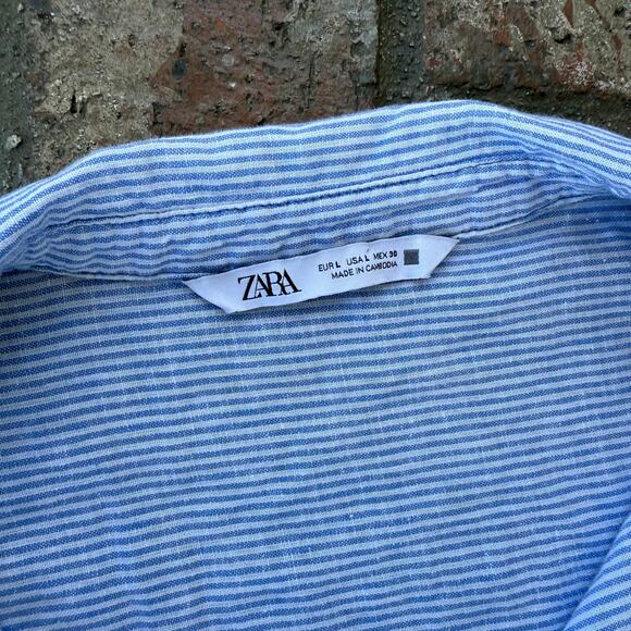 Zara Stripped Button Up Dress Blue White Size L Short Sleeve Collared - Picture 2 of 3